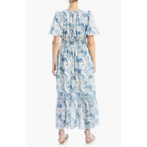 💕MAX STUDIO💕Bubble Sleeve Tiered Maxi Dress ~ Cream/Blue Bird Toile Large NWT - Picture 5 of 16